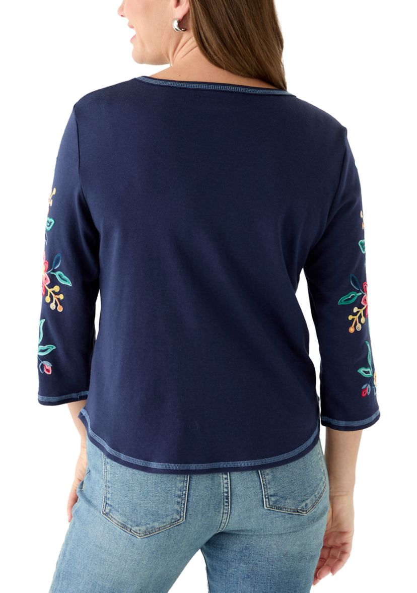 Petite Crew Neck Embroidered Sleeve Top