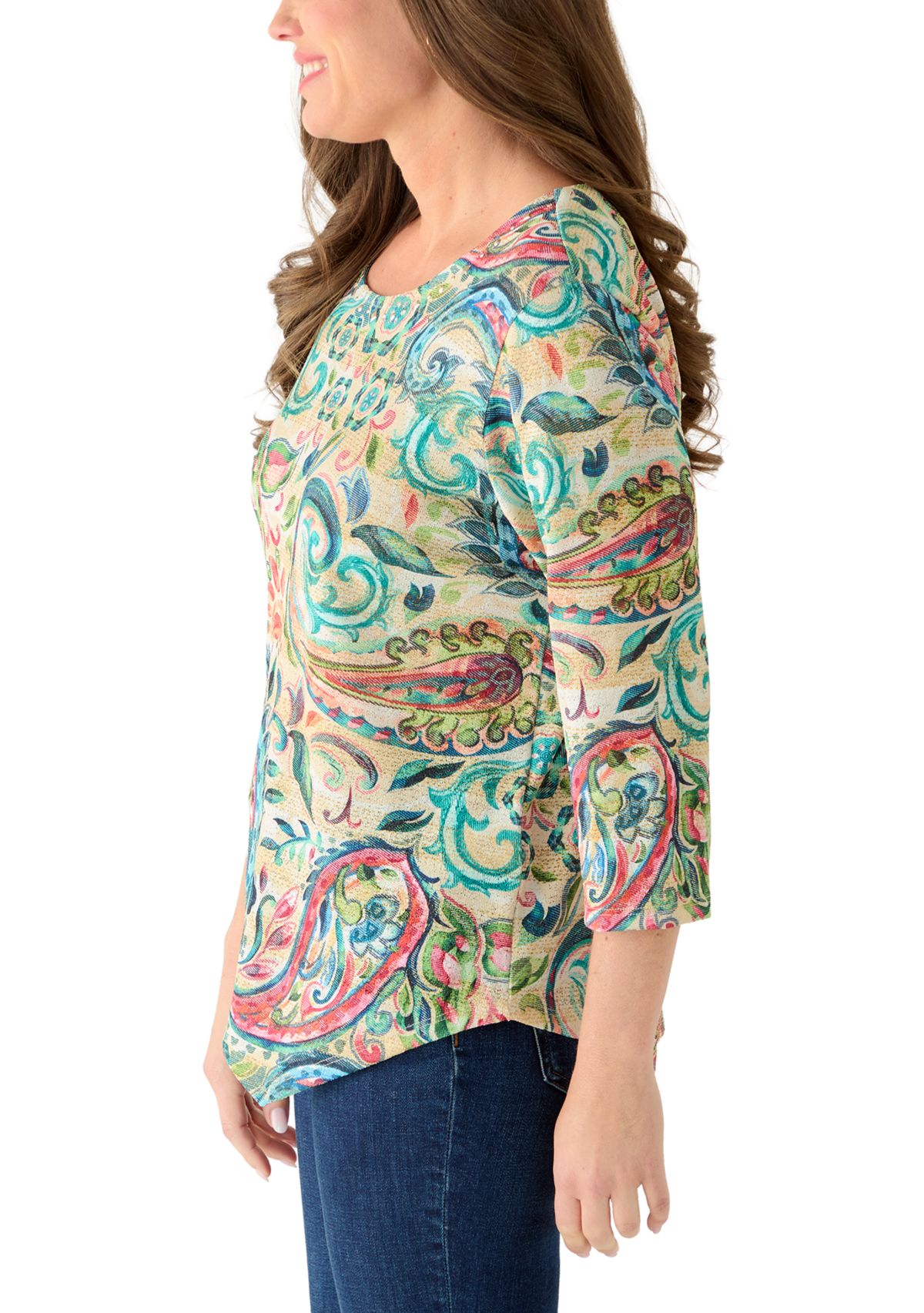 Petite Three-Quarter Sleeves Asymmetrical Hem Paisley Top