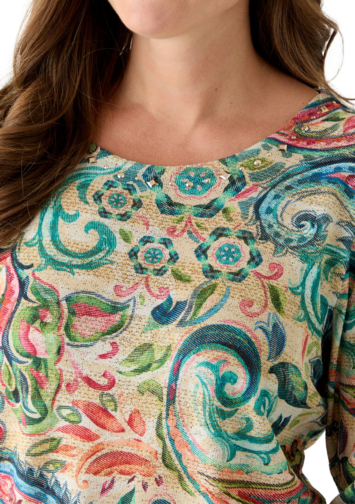 Petite Three-Quarter Sleeves Asymmetrical Hem Paisley Top