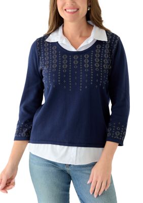 Alfred Dunner Women's Petite Textured Sweater, Navy Blue, PS