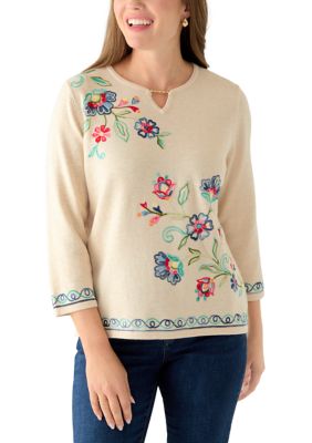 Alfred Dunner Women's Petite Crew Neck Embroidered Top, PS