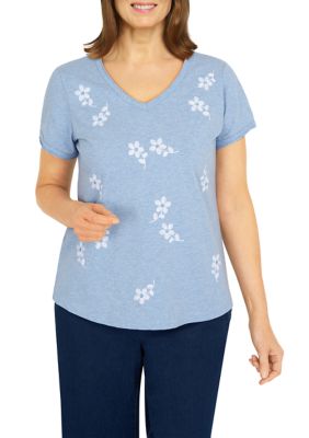Women's Tossed Floral Embroidery V-Neck T-Shirt