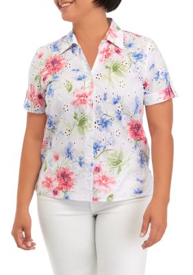 Petite Short Sleeve Floral Eyelet Shirt