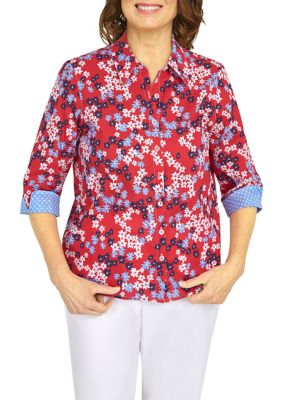 Women's Land of the Free Polka Dot Trim Floral Top