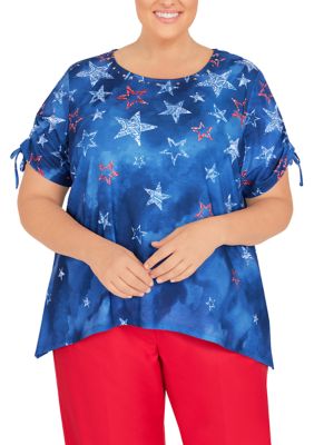 Olyvenn Women's Patriotic Tops Plus Size Blouse 2023 Trendy Cap Short Sleeve Tees Independence Day Flags Print Summer Tops Crewneck Shirts Beach