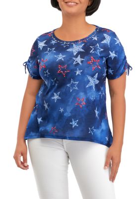 Petite Tie Sleeve Star Print Shirt