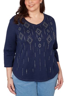 Alfred Dunner Women's Plus Size Austin Diamond Geometric Heat Set Top, Navy Blue, 3X