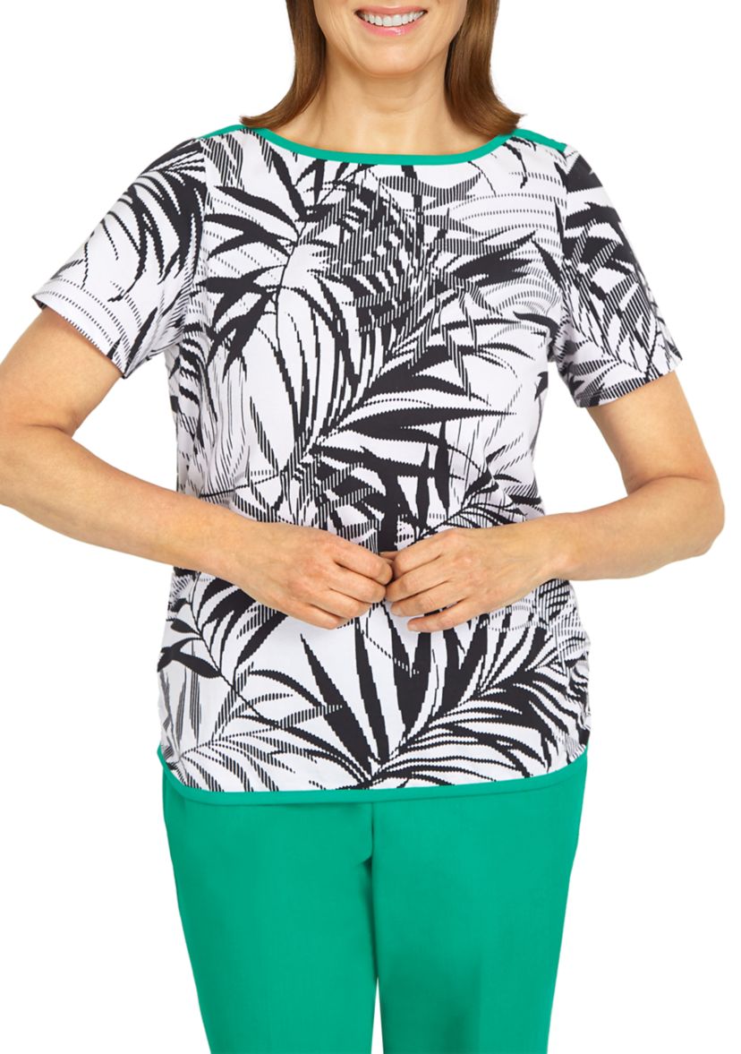 Womens Island Vibes Etched Leaves Top with Emerald Trim