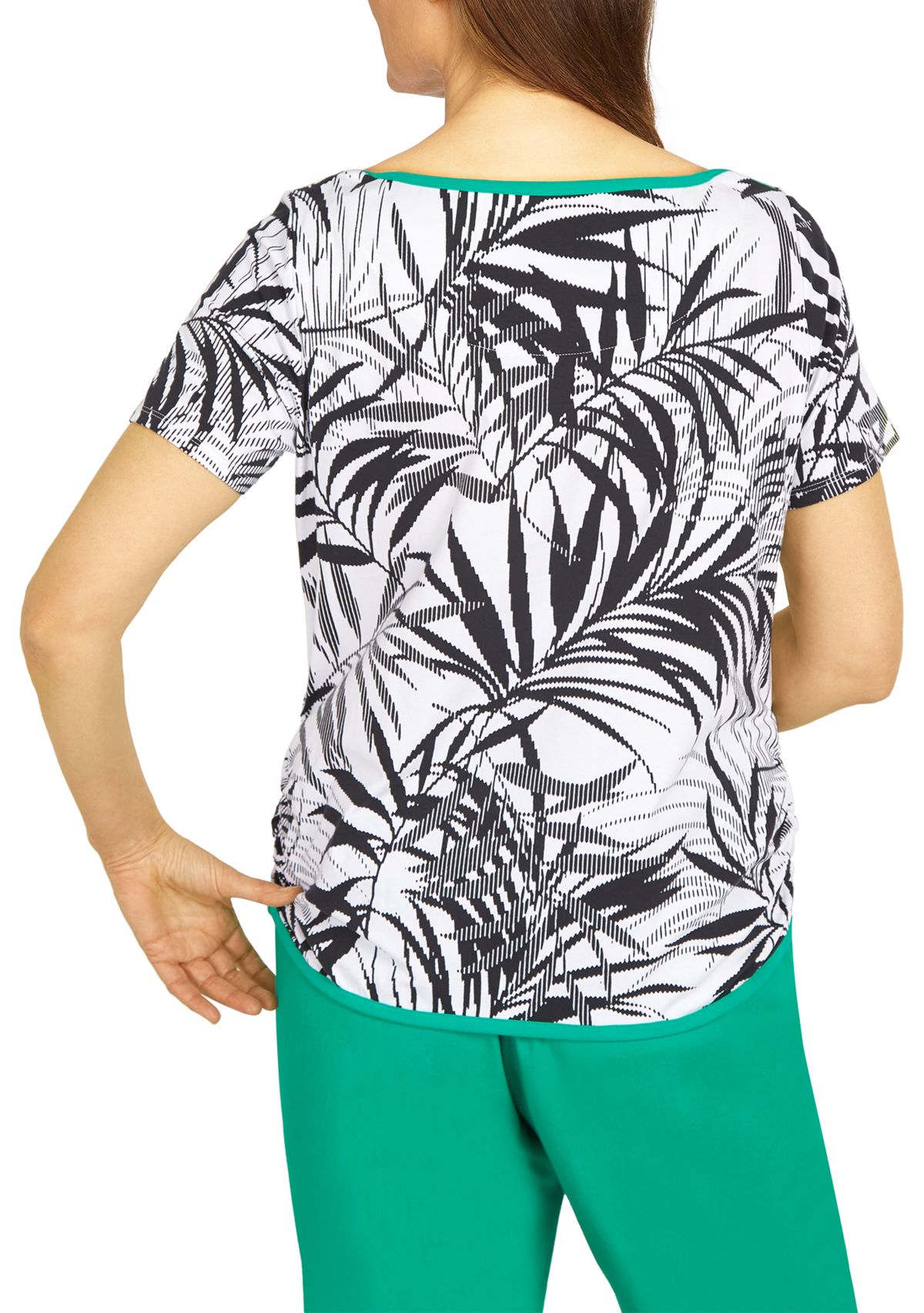 Womens Island Vibes Etched Leaves Top with Emerald Trim