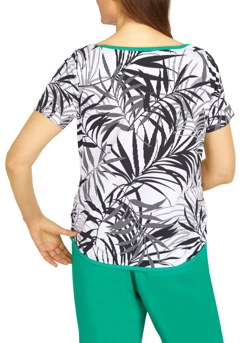 Womens Island Vibes Etched Leaves Top with Emerald Trim