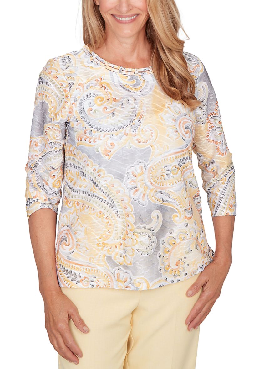 Alfred Dunner Petite Paisley Printed Patch Crewneck Top - Yellow Multi - Size PXL