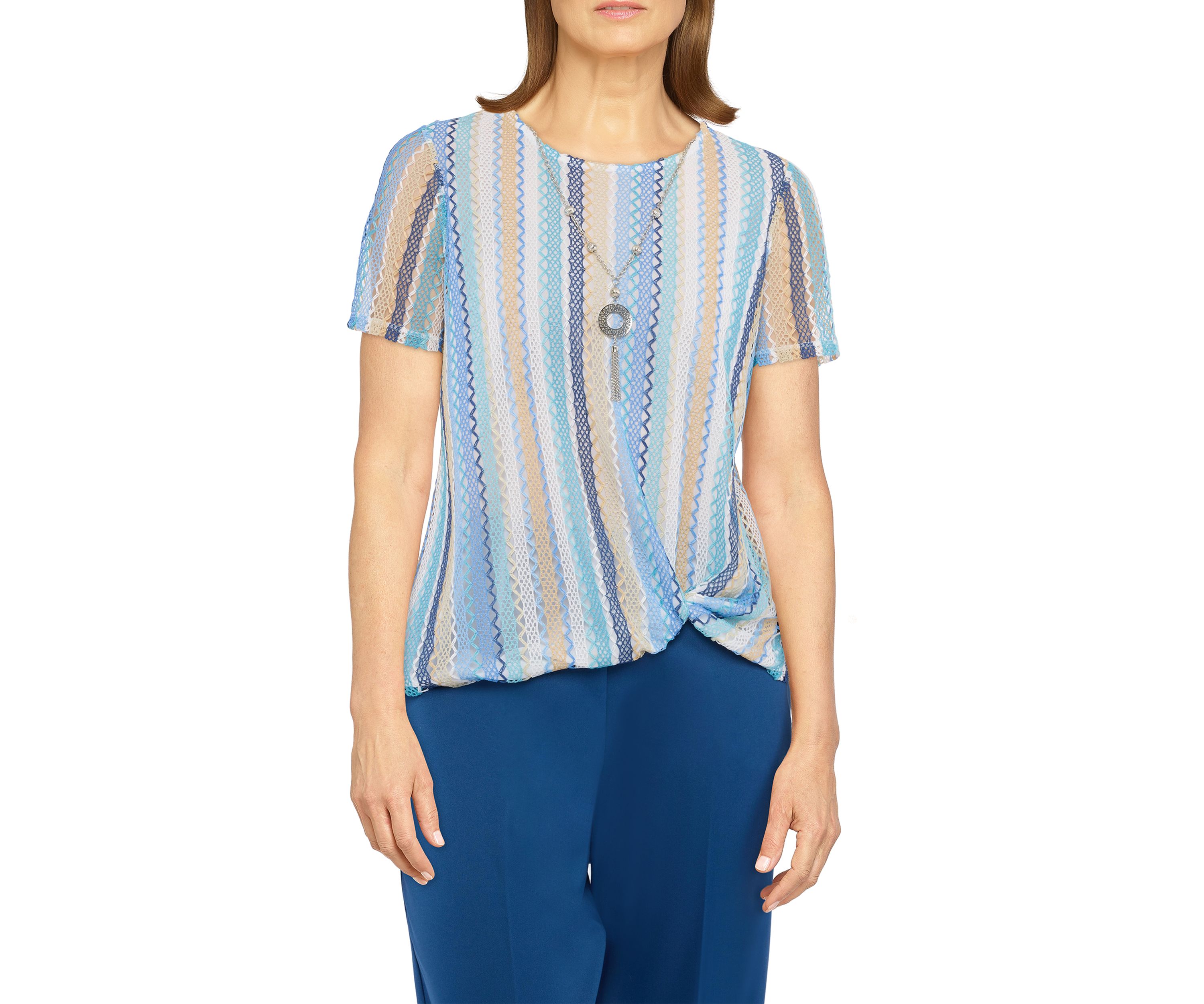 Womens Textured Stripe Twist Hem T-Shirt