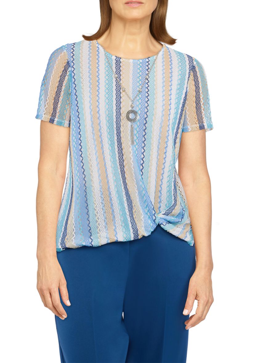 Womens Textured Stripe Twist Hem T-Shirt