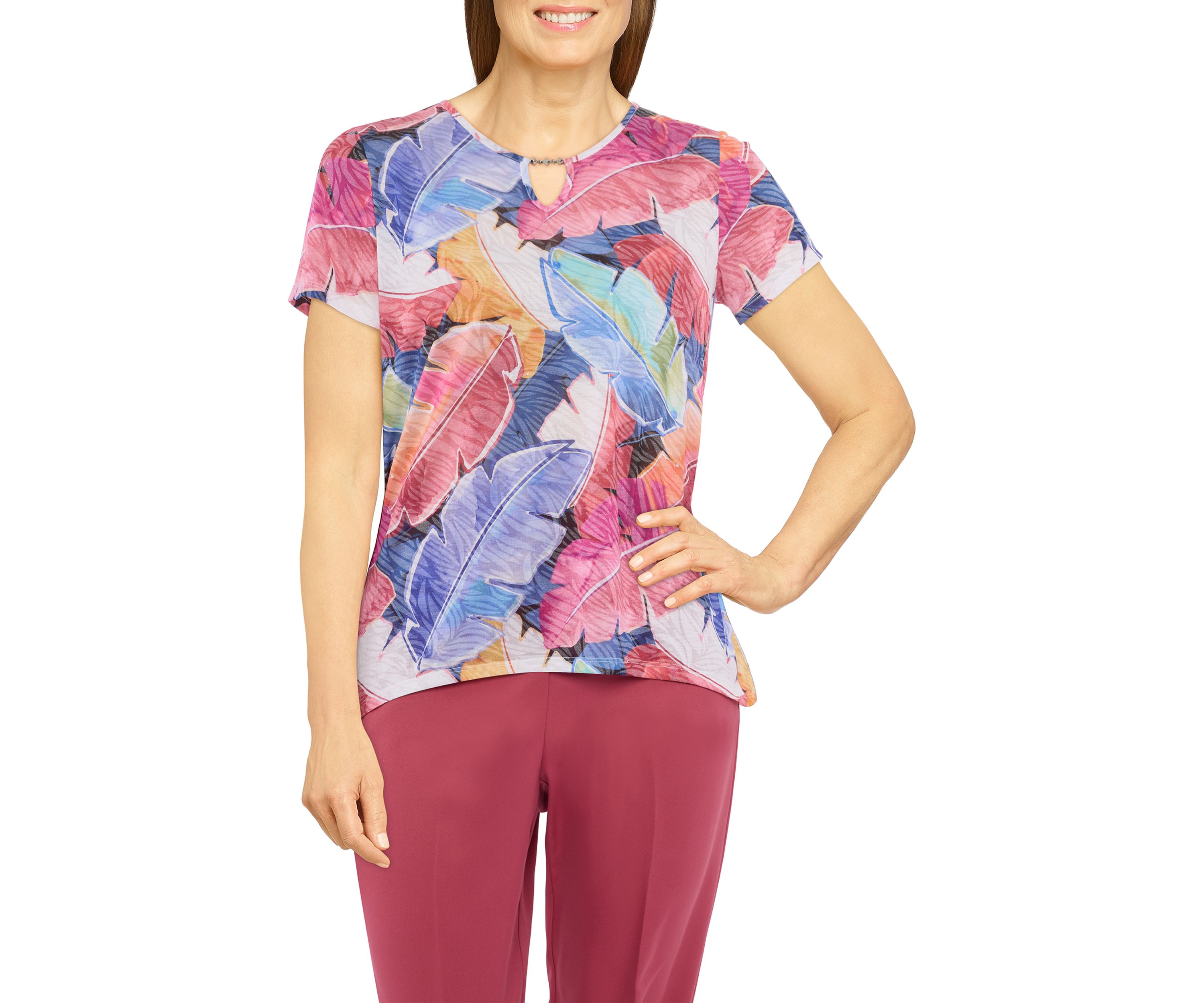Petite Leaves Print Knit Top