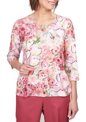 Alfred Dunner Petite Floral Lace Neck Knit Top | belk