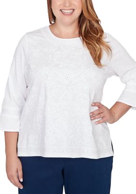 Alfred Dunner Women's Plus Size Mykonos White On White Medallion Embroidery Top, 3X