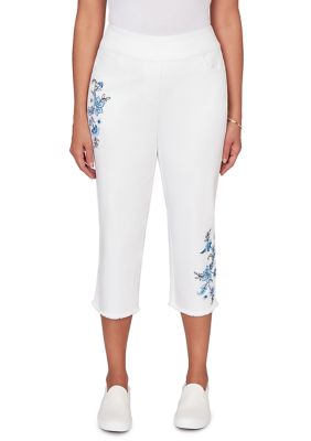 Alfred Dunner Women's Petite Mykonos Floral Embroidered Fringe Capri Pants, White, 16P