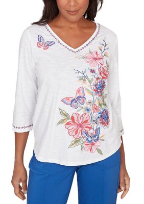 Alfred Dunner Plus Size The Royal Treatment Floral Butterfly Embroidery Top, White, 3X