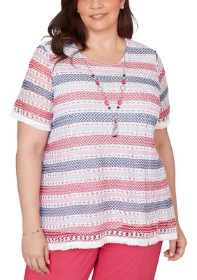 Alfred Dunner Plus Size The Royal Treatment Texture Biadere with Fringe Top, 3X