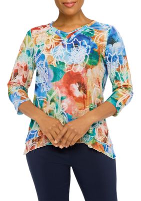 Women's Moody Blues Watercolor Floral Top