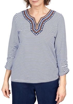 Alfred Dunner Petite Moody Blues Embroidered Neckline Stripe Top | belk