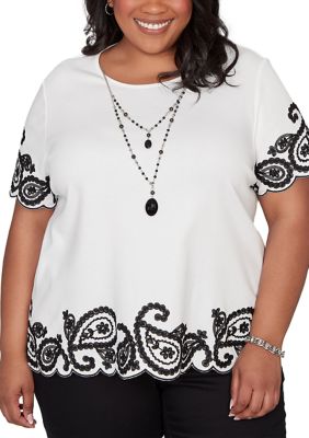 Alfred Dunner Women's Plus Size Crowd Pleaser Paisley Border Top, White, 2X