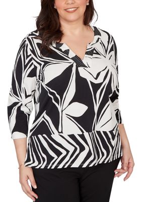 Alfred Dunner Women's Plus Size Crowd Pleaser Abstract Drama Floral Top, 3X