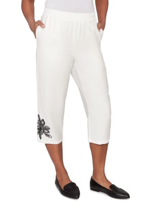 Alfred Dunner Women's Petite Crowd Pleaser Floral Embroidered Capri Pants, White, 16P