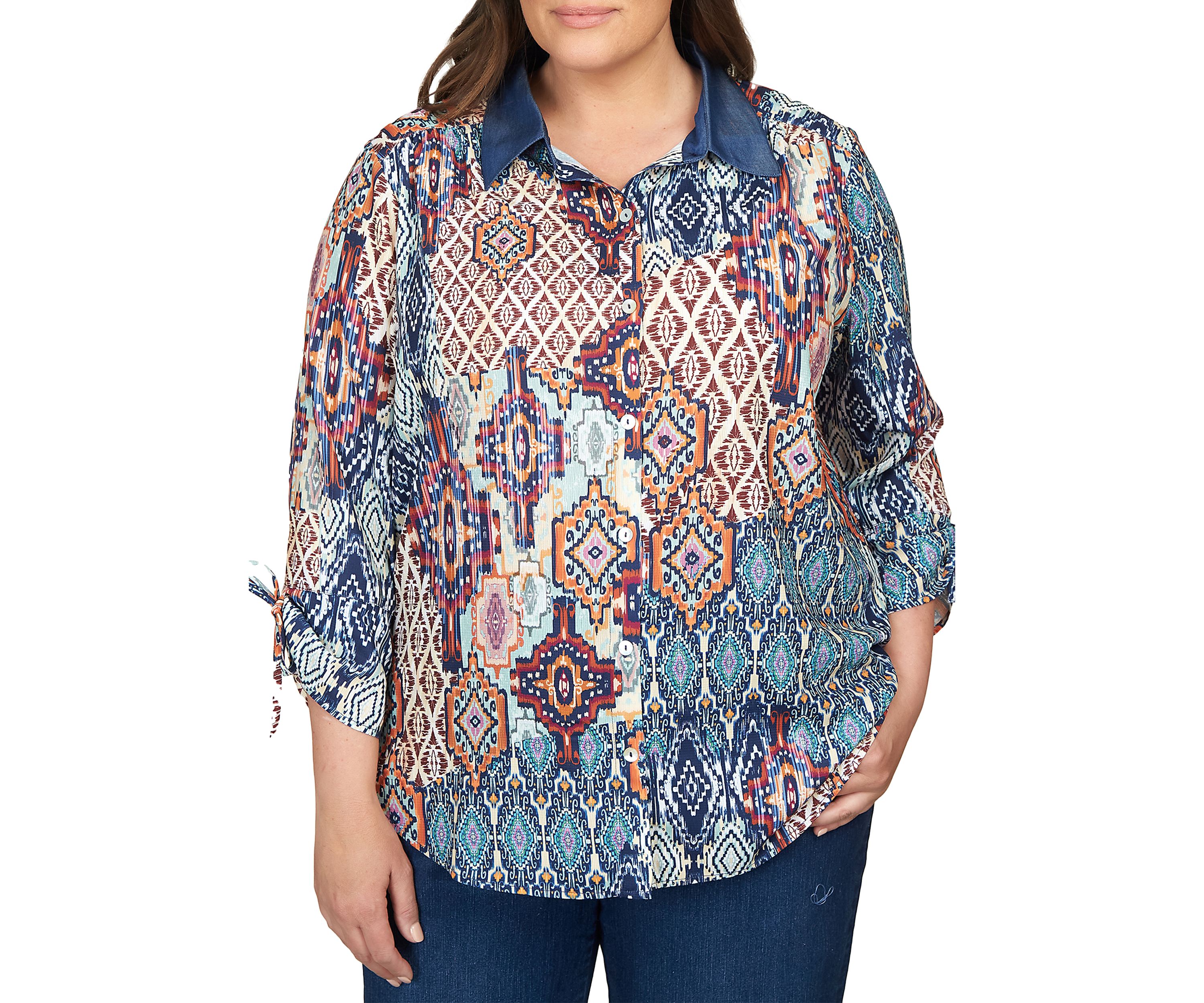 Plus Size Ethnic Medallion Patch Shirt