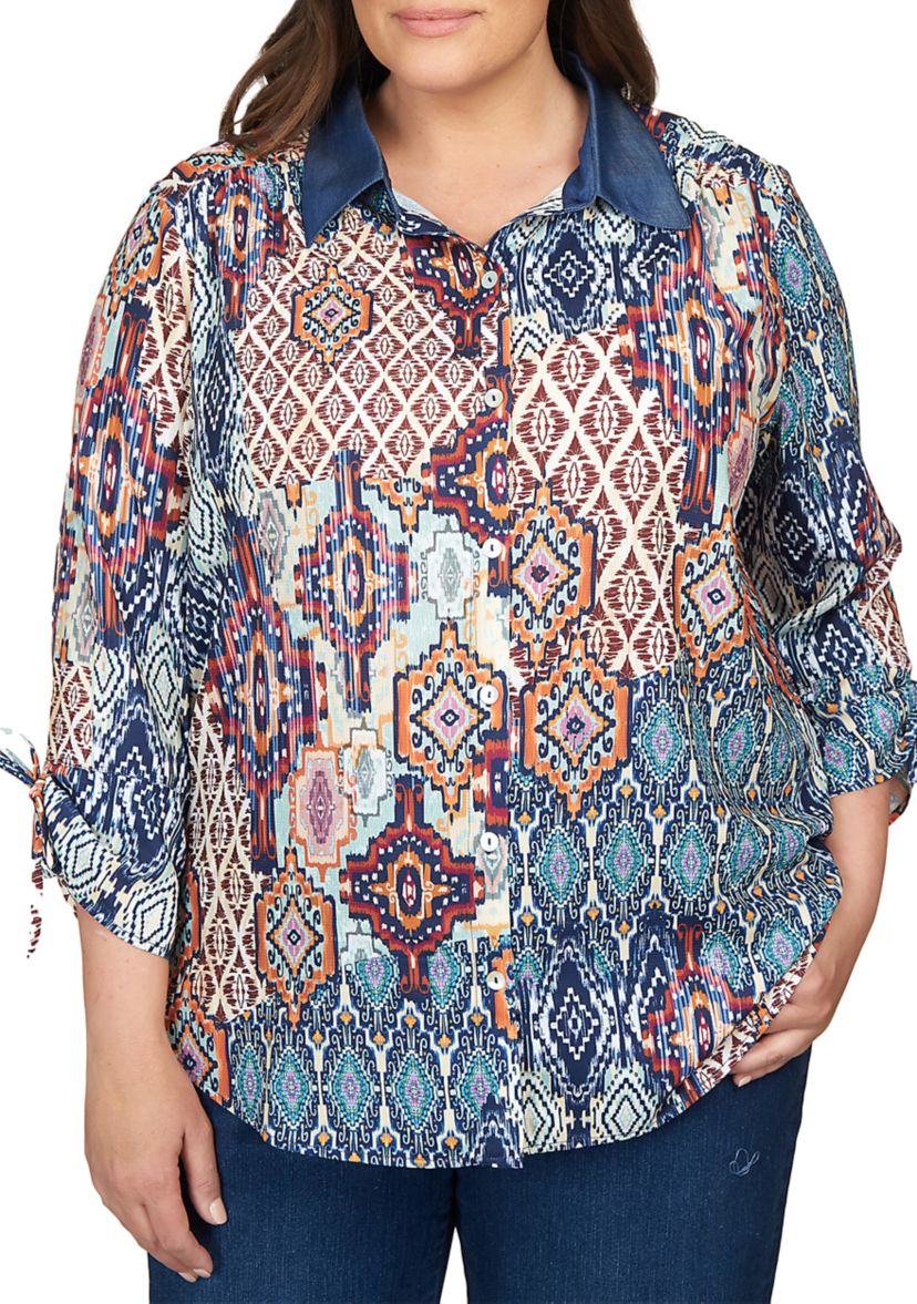 Plus Size Ethnic Medallion Patch Shirt