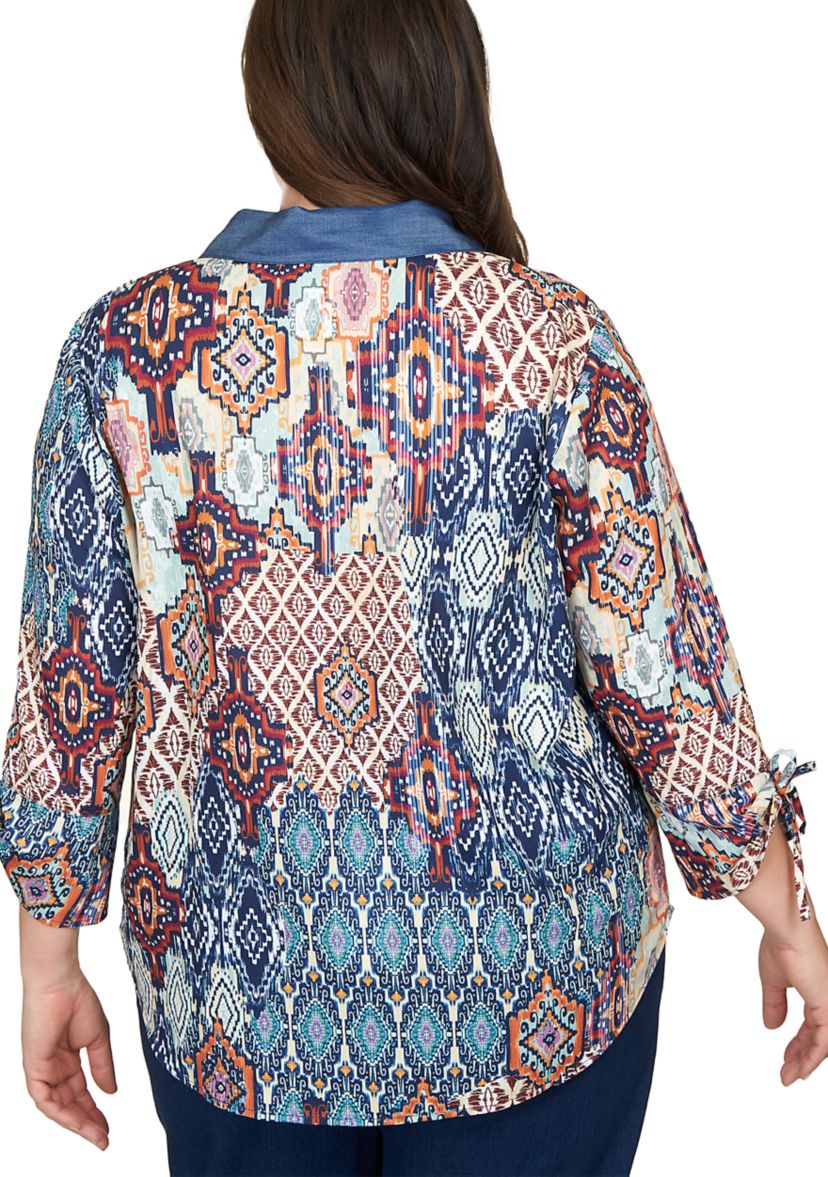 Plus Size Ethnic Medallion Patch Shirt