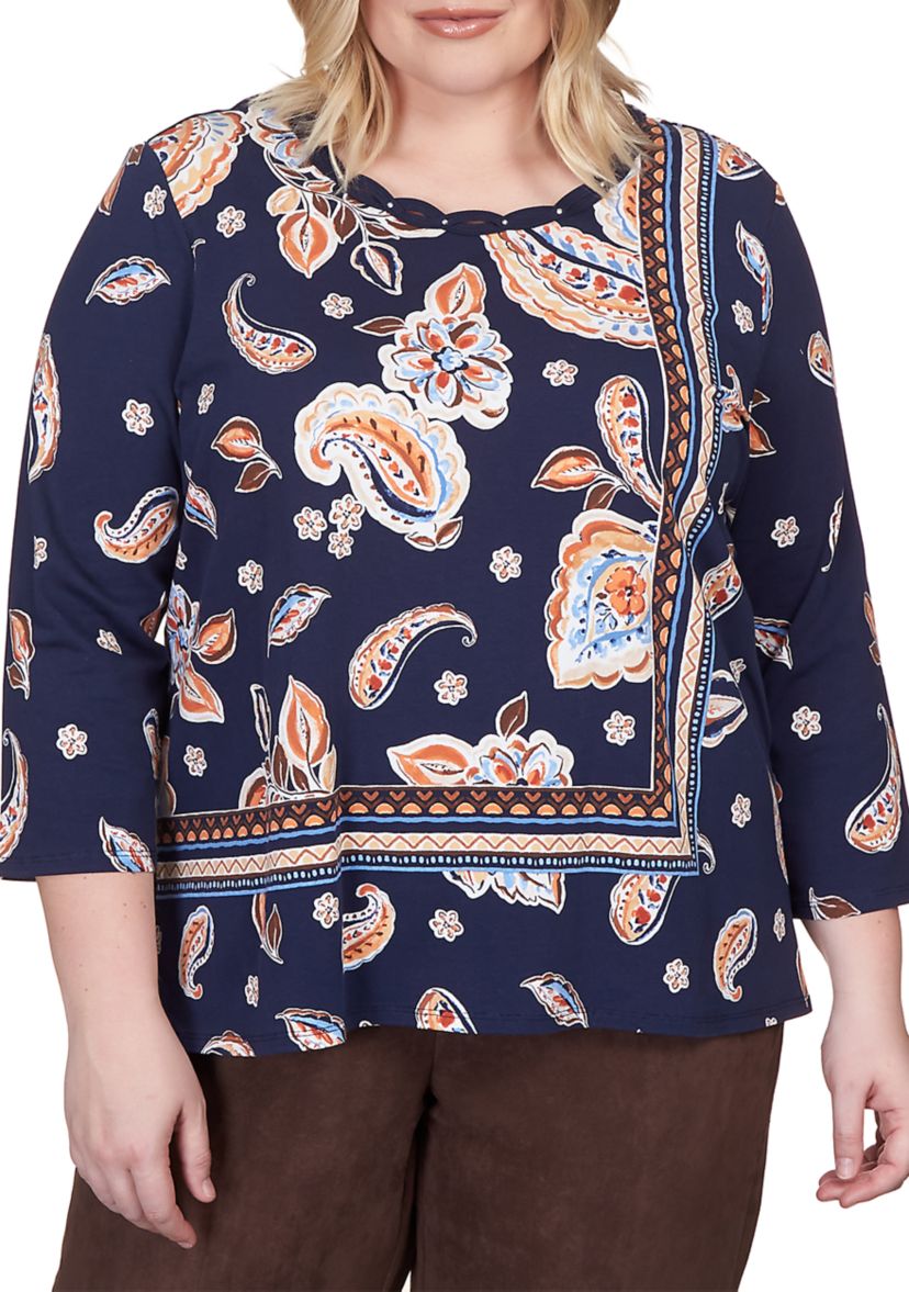 Plus Size Paisley Border Print Top