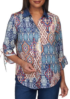 Alfred Dunner Petite Medallion Print Tie Sleeve Shirt | belk