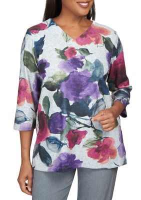 Women's Point of View Moody V-Neck Watercolor Floral Top