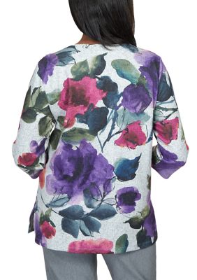 Women's Point of View Moody V-Neck Watercolor Floral Top