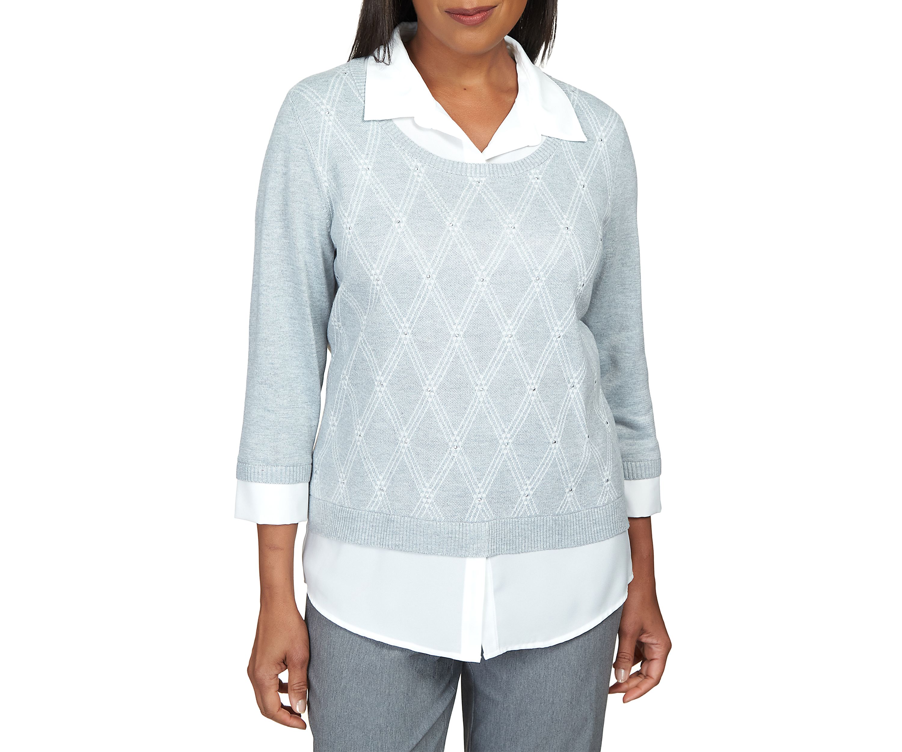 Womens Point of View Diamond Pullover Two in One Sweater