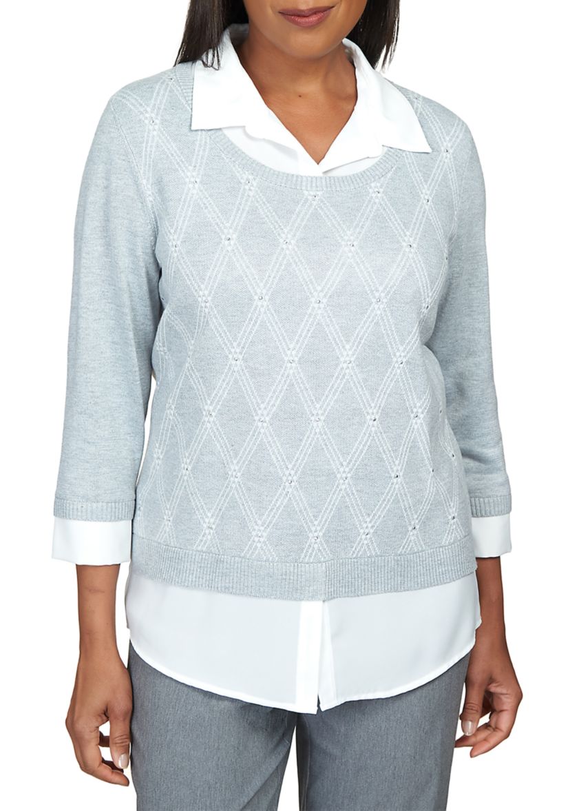 Womens Point of View Diamond Pullover Two in One Sweater