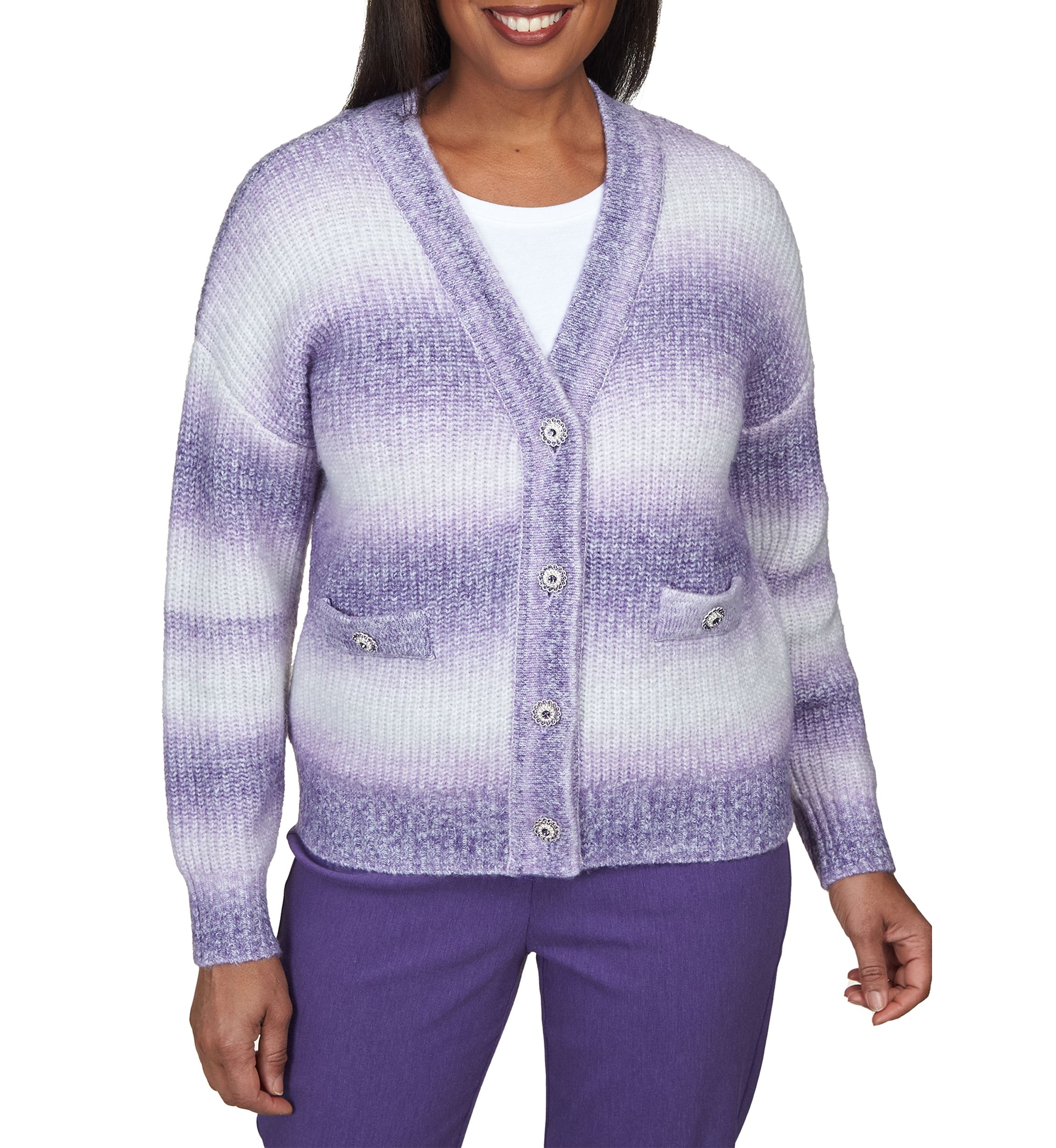 Womens Point of View Blurred Stripes Cardigan with Flower Buttons