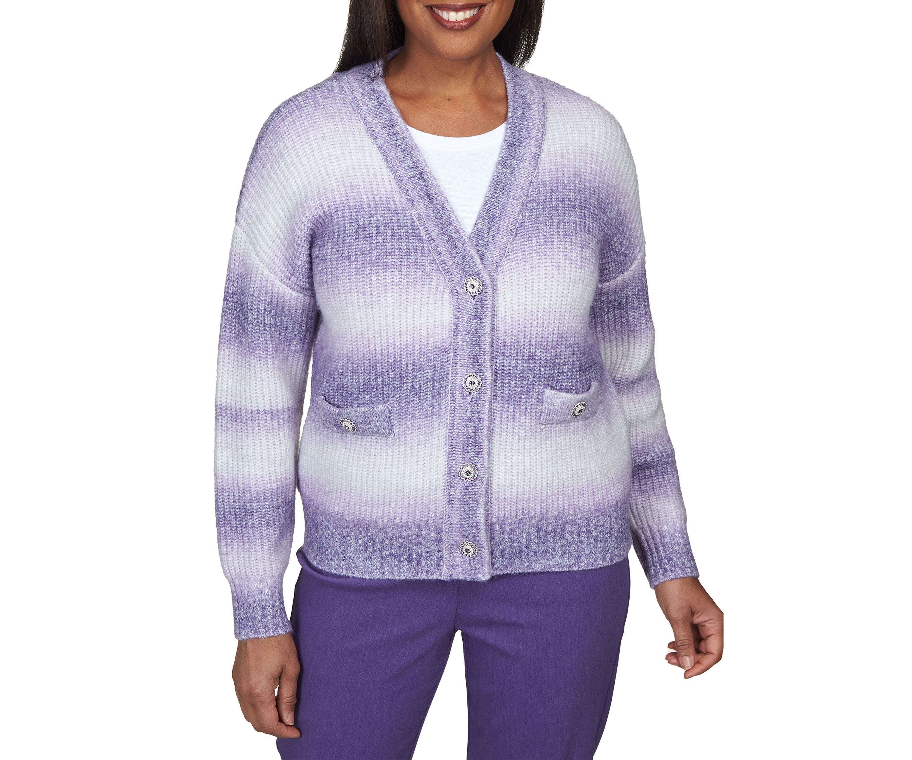 Womens Point of View Blurred Stripes Cardigan with Flower Buttons
