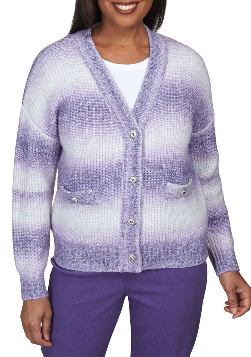 Womens Point of View Blurred Stripes Cardigan with Flower Buttons