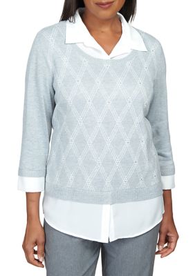 Petite Point of View Diamond Sweater with Built Collared Undershirt