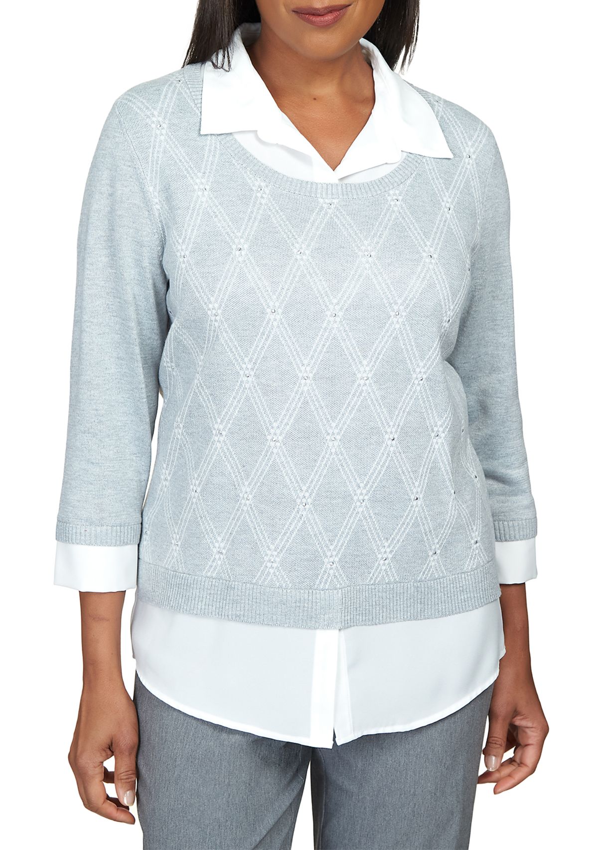 Petite Point of View Diamond Sweater with Built In Collared Undershirt 