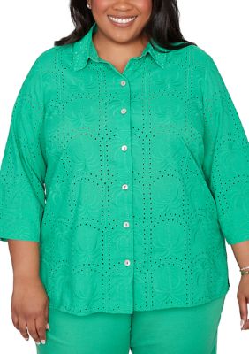 Alfred Dunner Women's Plus Size Resort Living Palm Tree Eyelet Top, 3X