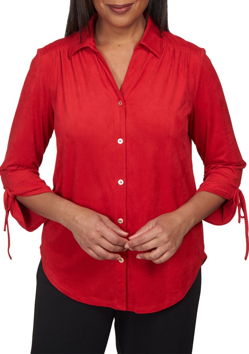 Womens Park Place Stretch Knit Suede Button Up Top