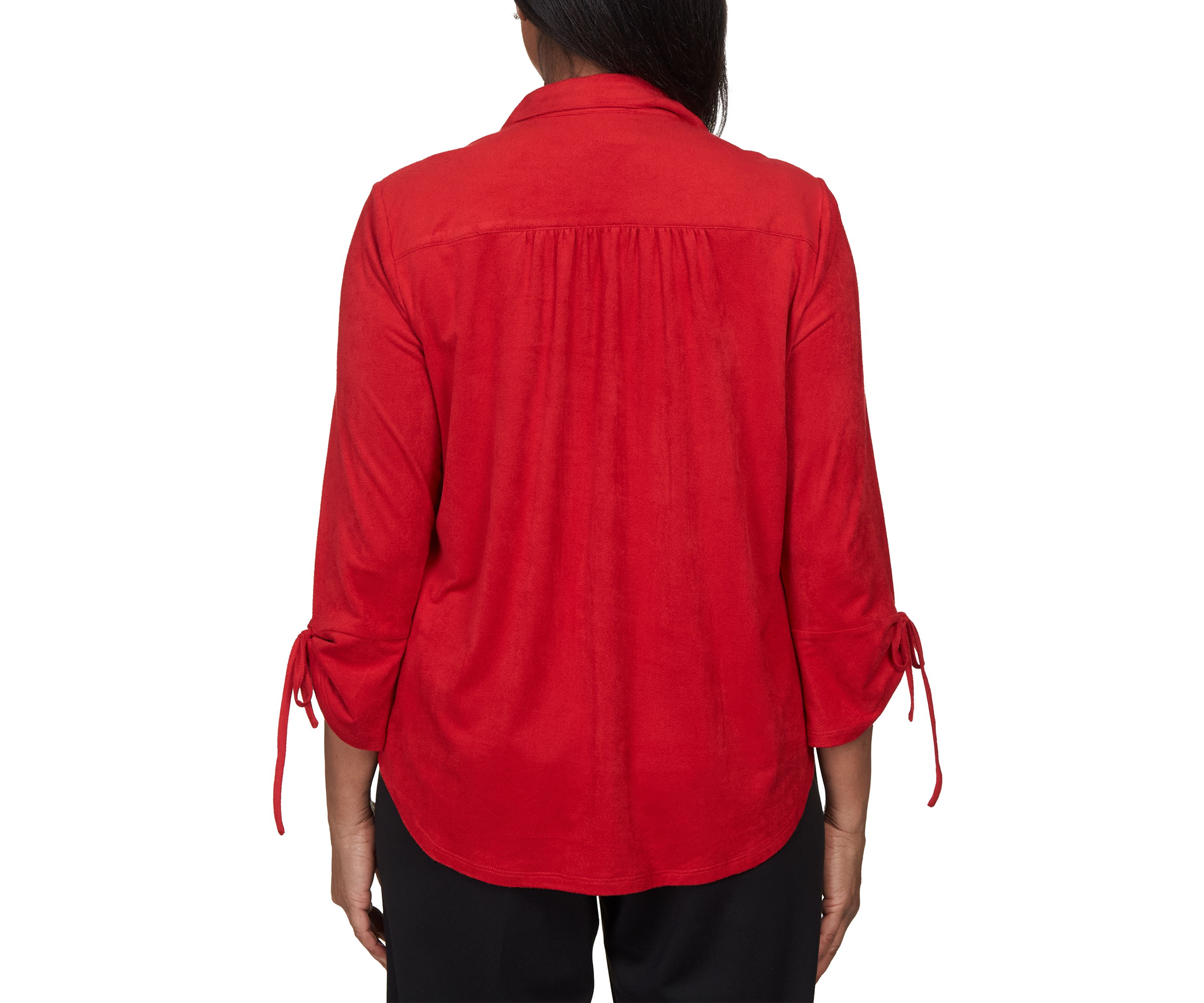 Womens Park Place Stretch Knit Suede Button Up Top