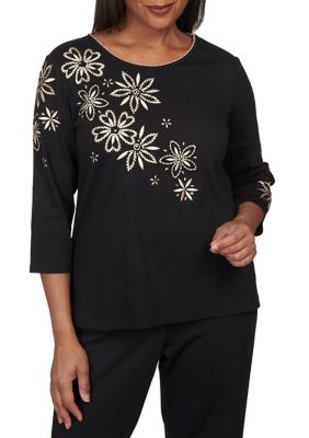 Alfred Dunner Women's Park Place Spontaneous Flower Embroidery Crew Neck Top