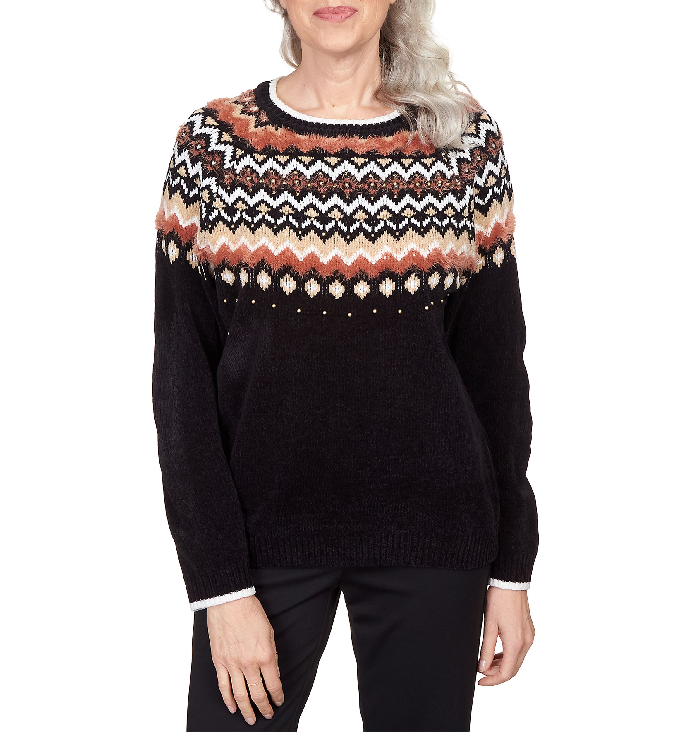 Womens Park Place Black Cozy Fair Isle Crew Neck Sweater