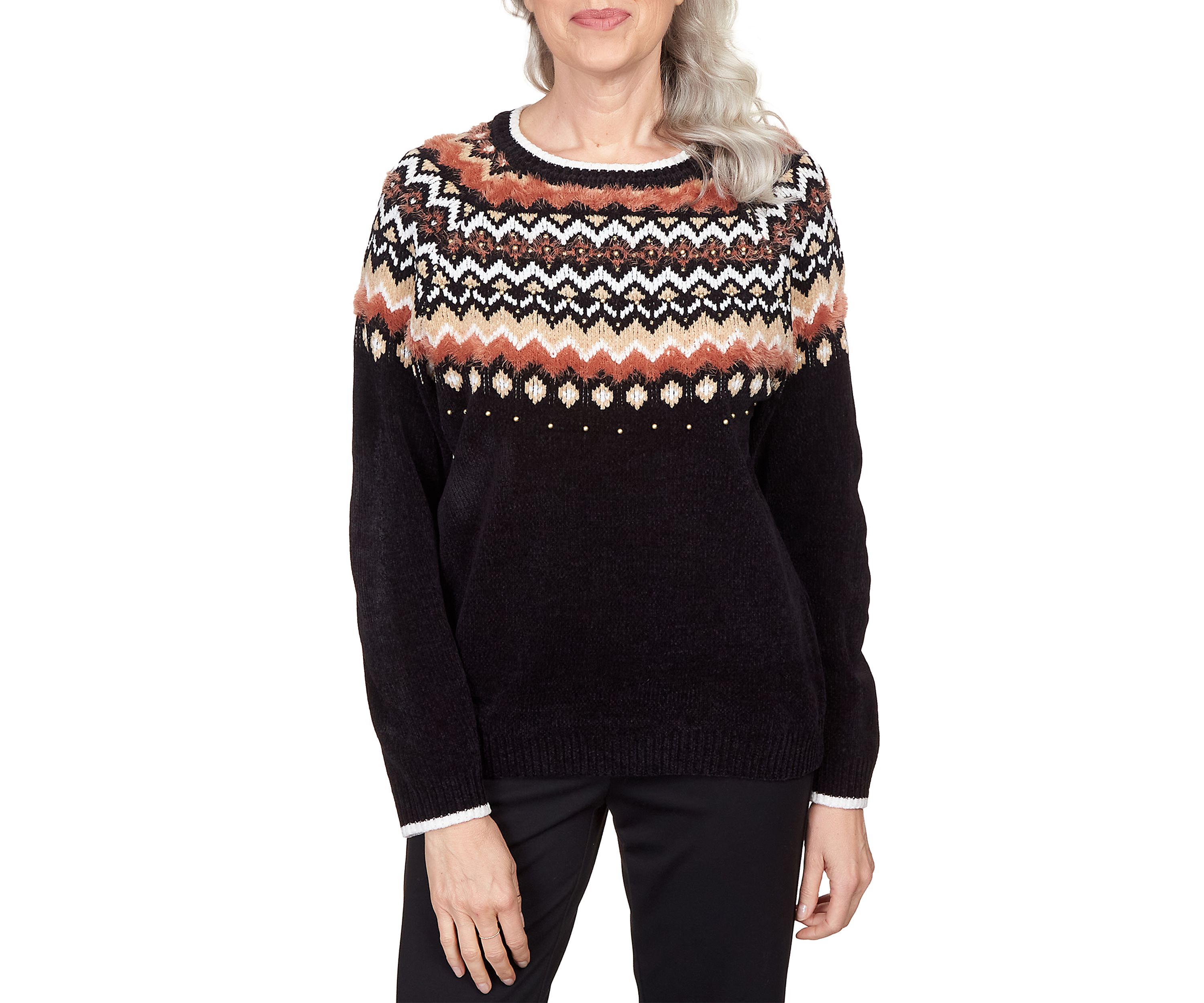 Womens Park Place Black Cozy Fair Isle Crew Neck Sweater