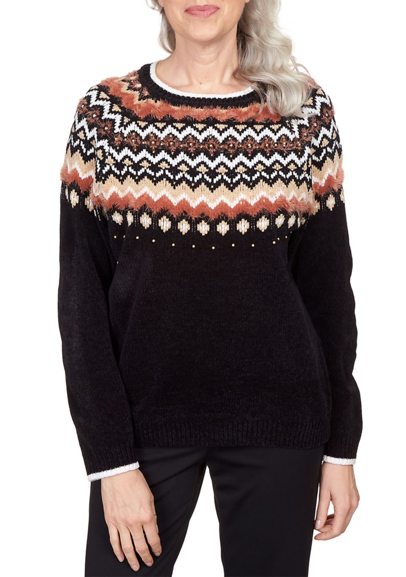 Womens Park Place Black Cozy Fair Isle Crew Neck Sweater