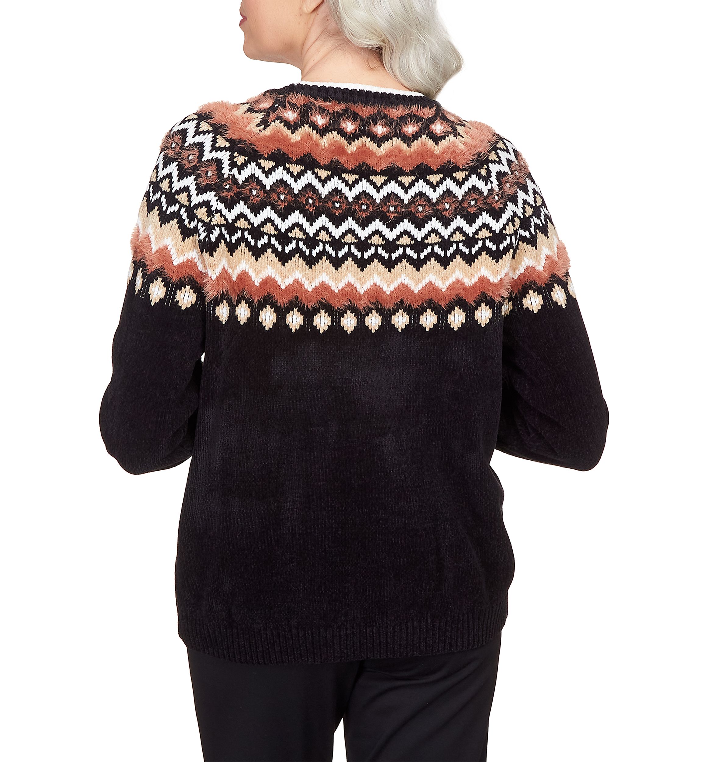 Womens Park Place Black Cozy Fair Isle Crew Neck Sweater